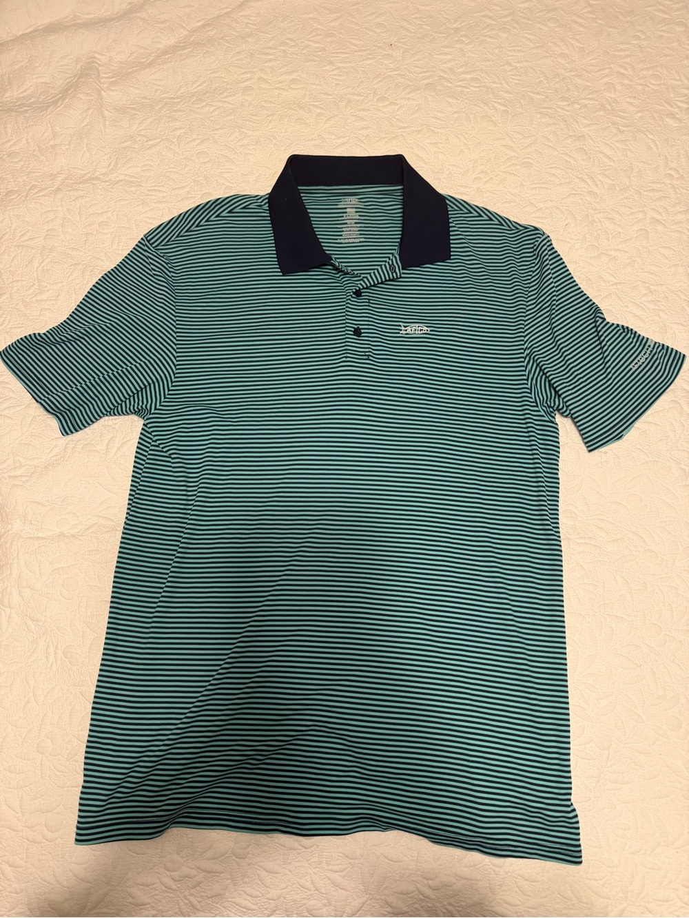 AFTCO Teal and Black Striped Polo